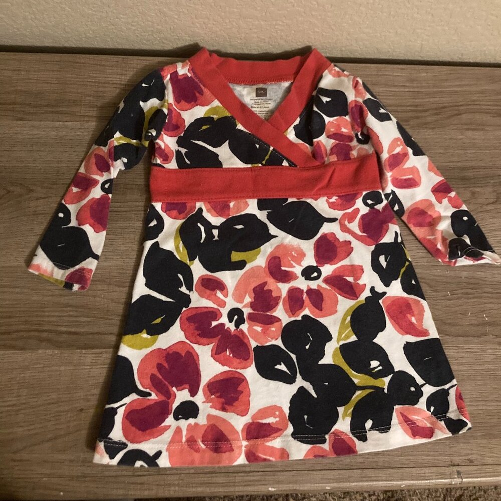 Tea Collection Cotton Dress 6-12 Months Long Sleeve White With Red Floral Print